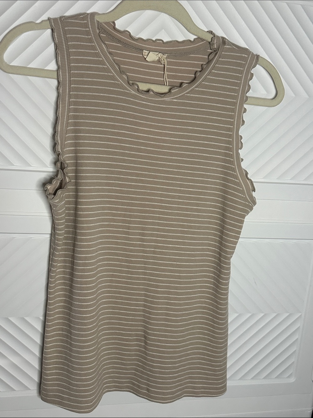 Hem & Thread Taupe-Striped Ruffle Edge Tank